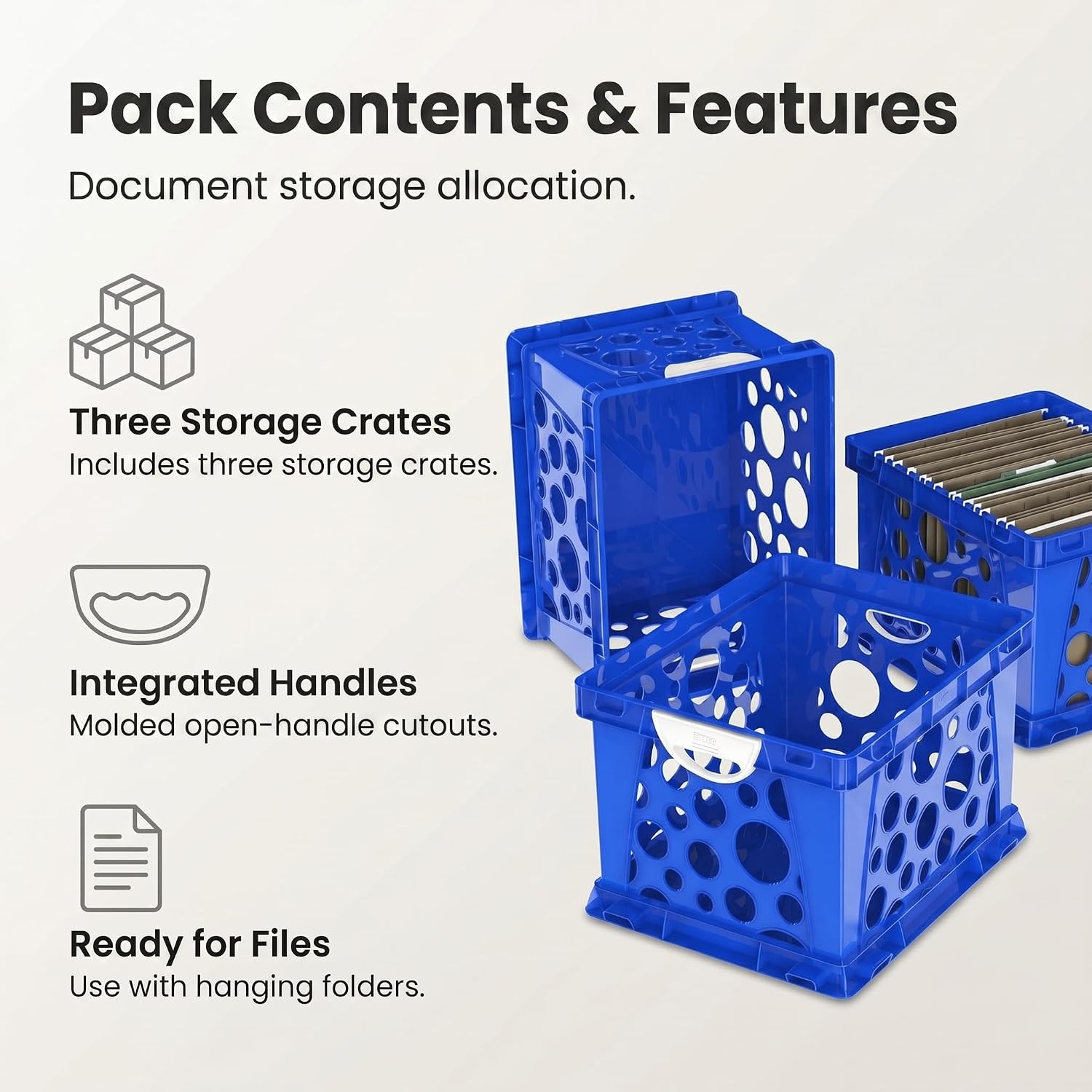 image:imageStorex Premium File Crate with Handle Cutouts Letter and Legal Document and Folder Storage Assorted Colors 3Pack 61797A03CSchool Blue