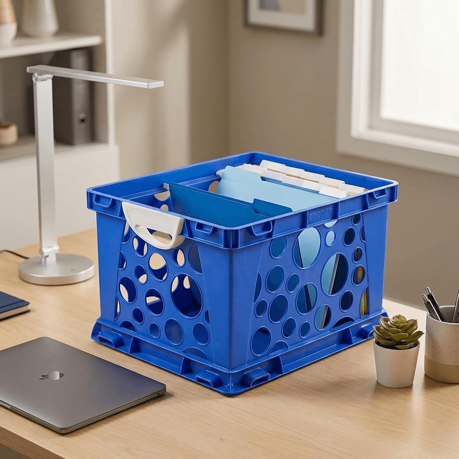 image:imageStorex Premium File Crate with Handle Cutouts Letter and Legal Document and Folder Storage Assorted Colors 3Pack 61797A03CSchool Blue
