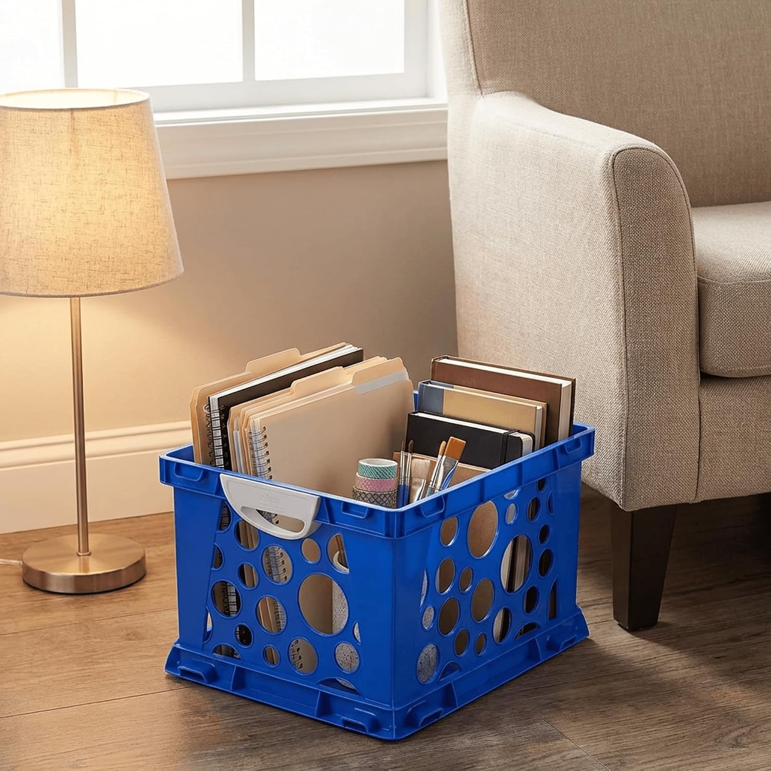 image:imageStorex Premium File Crate with Handle Cutouts Letter and Legal Document and Folder Storage Assorted Colors 3Pack 61797A03CSchool Blue